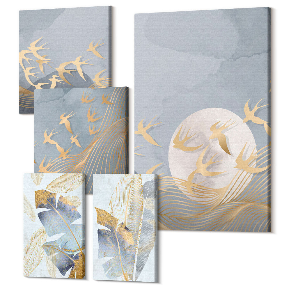 Sada obrazů pentaptych Stylové akcenty s motivem ptáků a listů v odstínech šedé