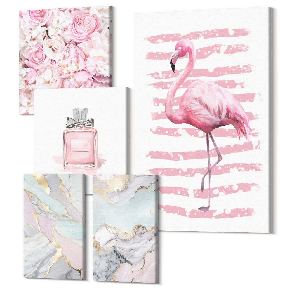 Sada 5 obrazů Stylové akcenty v růžových odstínech s květinami a plameňákem
