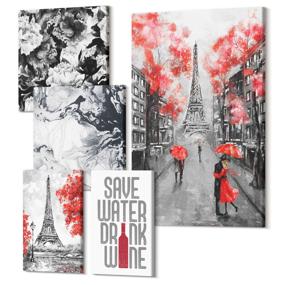 Sada obrazů pentaptych Pařížské pohledy s květinami a abstraktními vzory