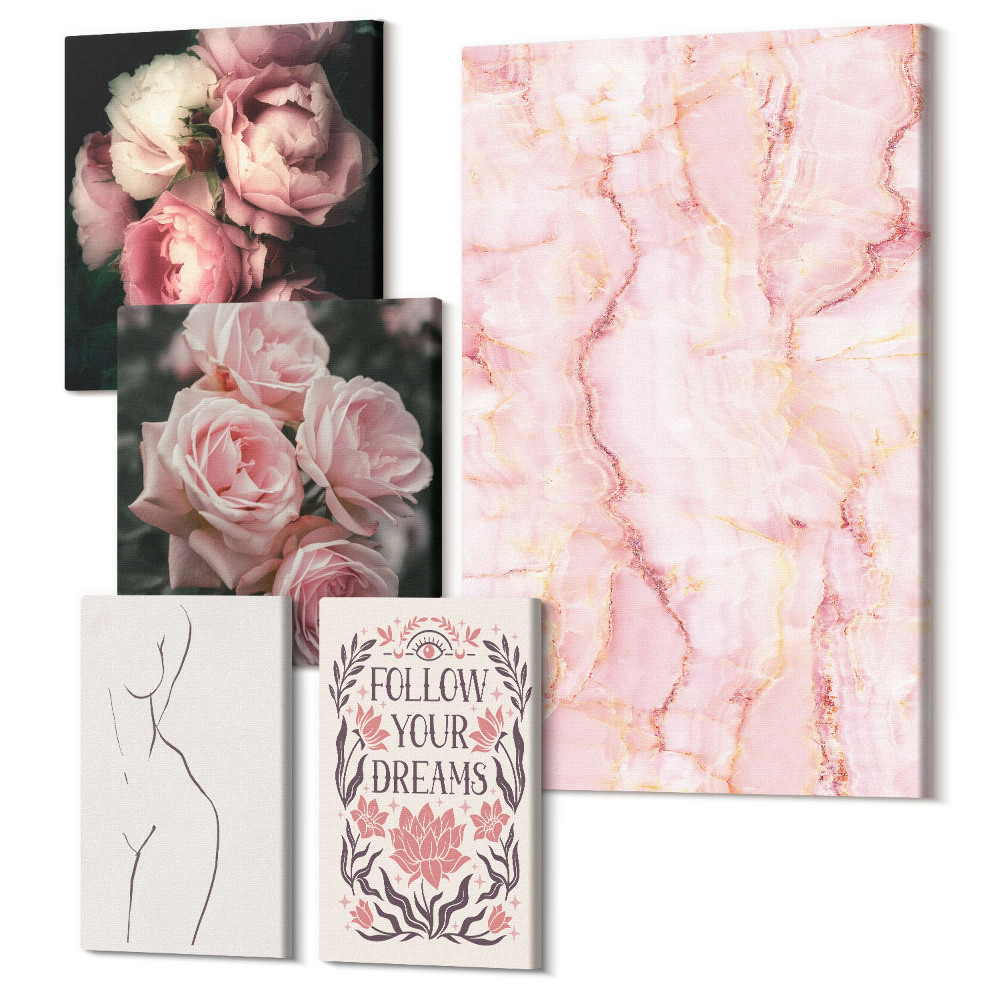 Sada obrazů na zeď pentaptych Růžové květy a minimalistické formy v boho stylu