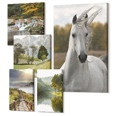 Sada obrazů pentaptych Přirozená krása krajiny a zvířat v harmonii