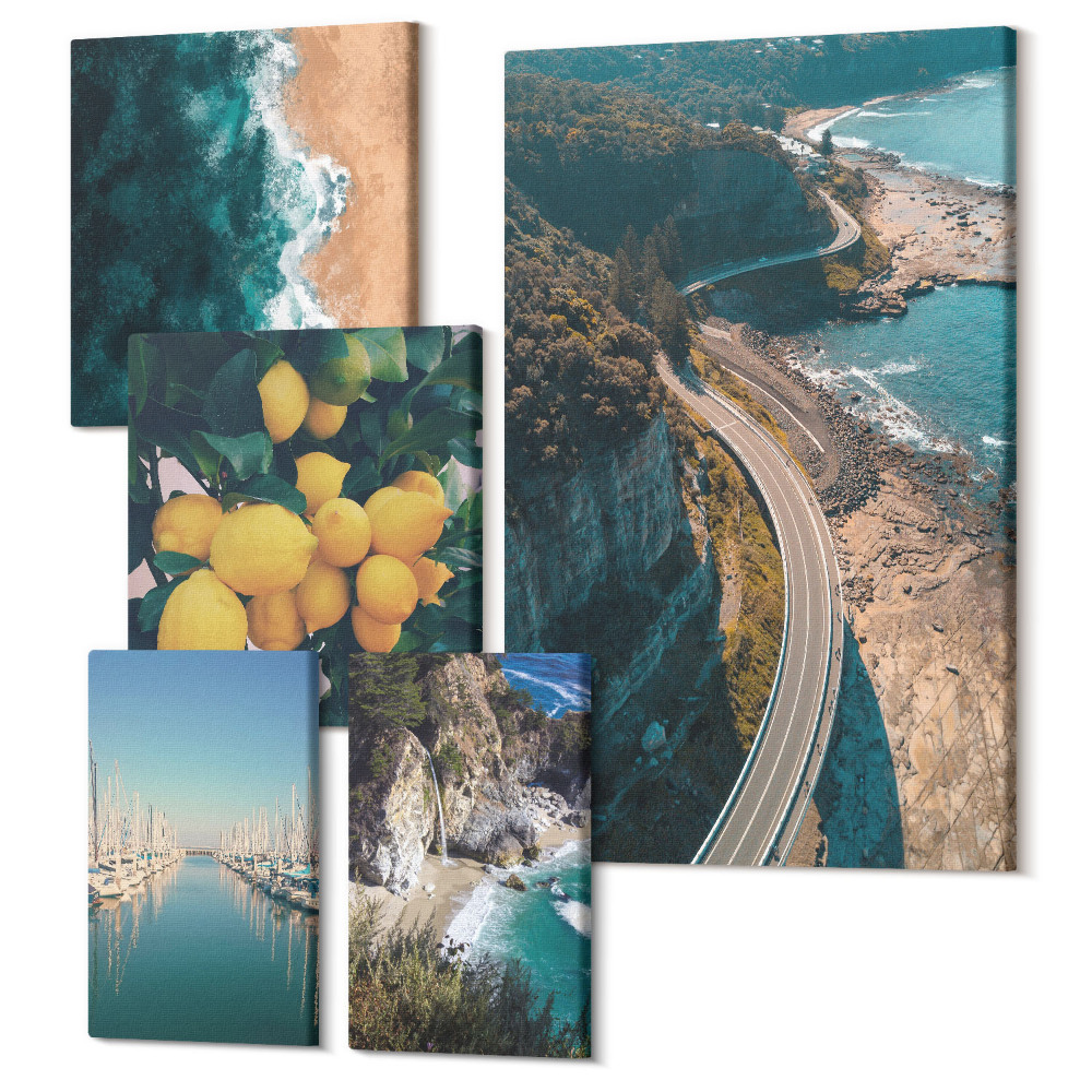 Sada obrazů na zeď pentaptych Přímořská krajina s plážemi a citrusovými plody