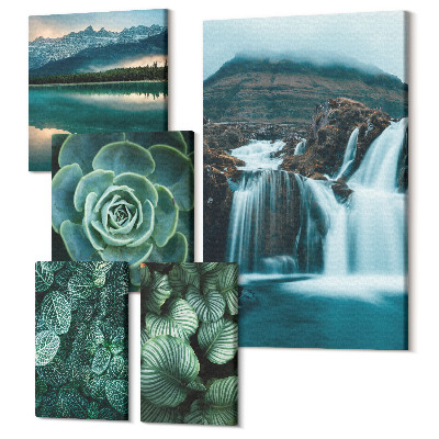 Sada obrazů pentaptych Zelené rostliny a vodopády v přírodním stylu