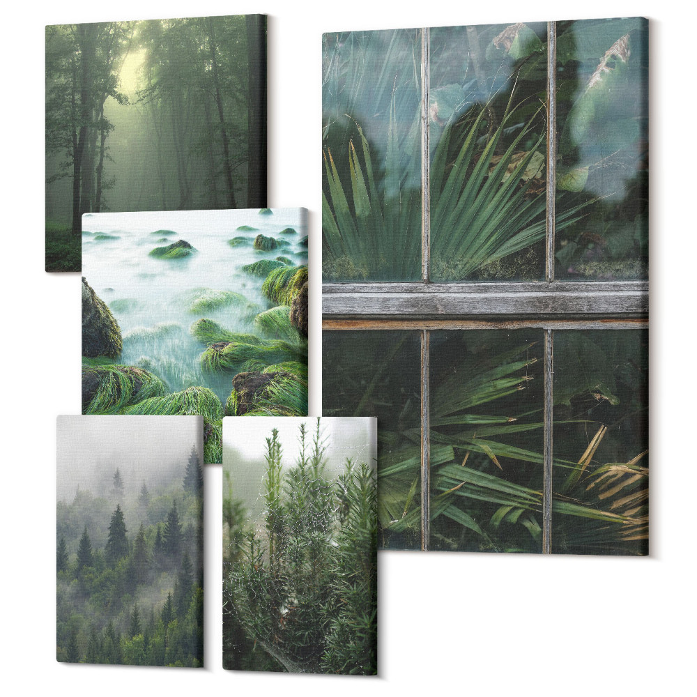 Sada obrazů na zeď pentaptych Zelená krajina s lesy a přirozenou vegetací