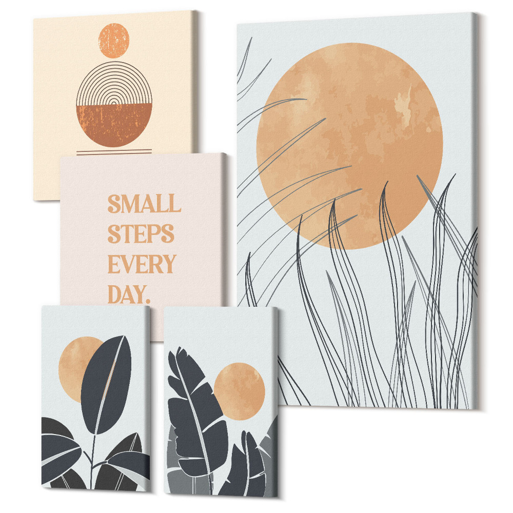 Sada 5 obrazů Stylová grafika s rostlinnými motivy a inspirativními slogany