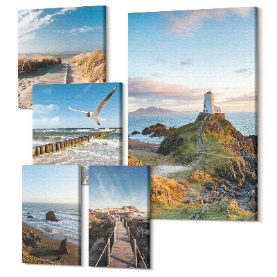Sada 5 obrazů Výhledy na moře s majáky a plážemi v pozadí