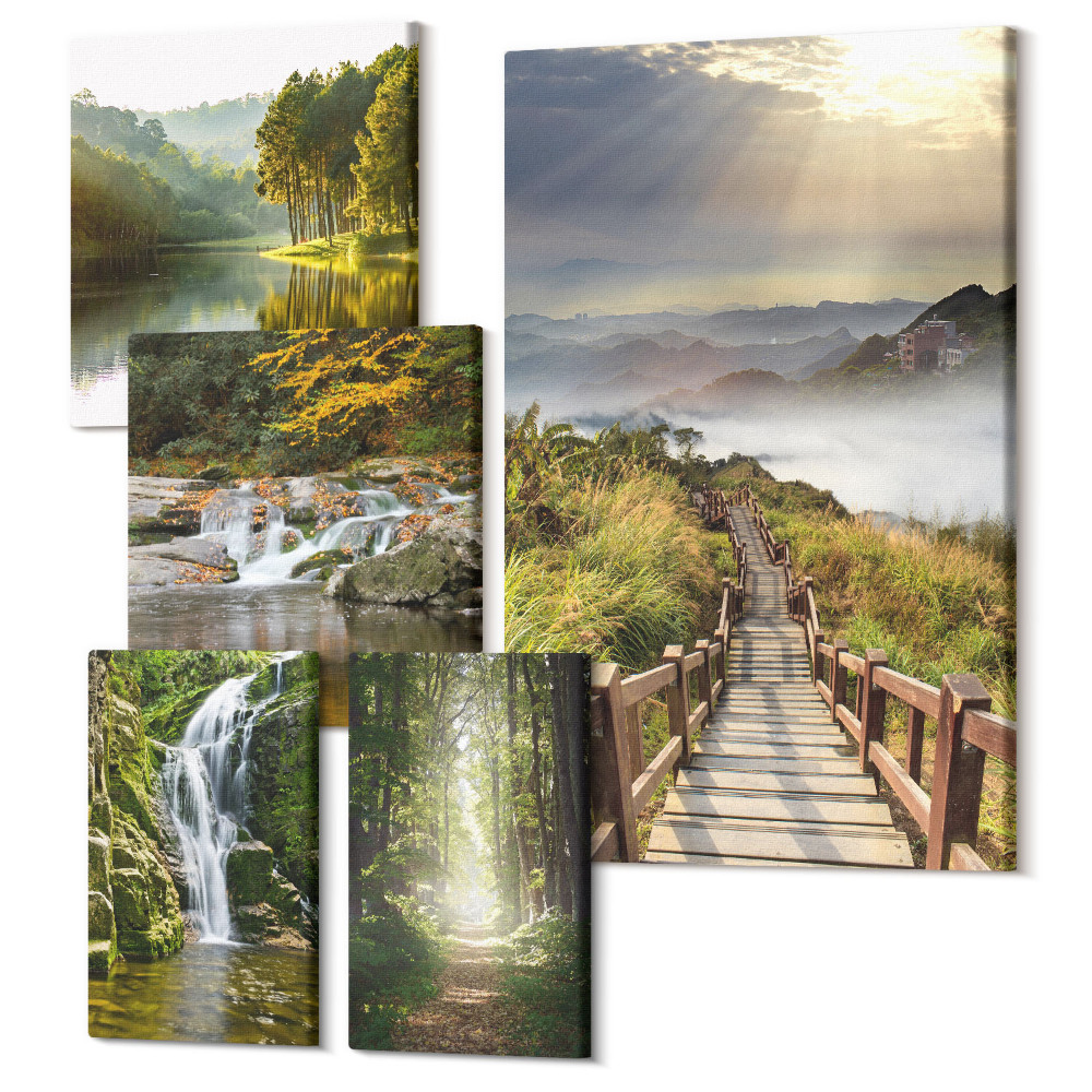 Sada obrazů na zeď pentaptych Přírodní krajiny s vodopády a lesními cestami