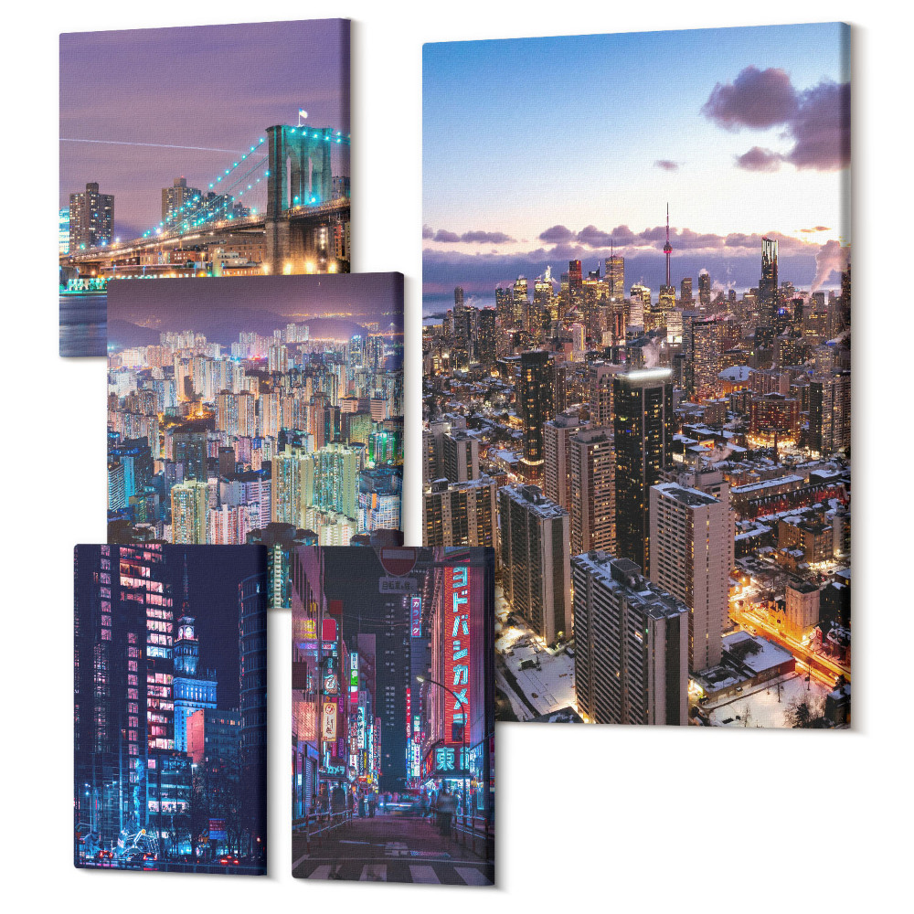 Sada obrazů na zeď pentaptych Moderní městské noční scenérie s neonovými světly a mrakodrapy