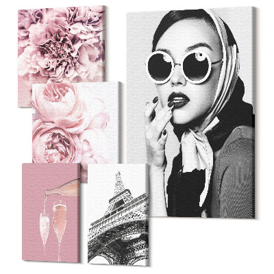 Sada 5 obrazů Stylové portréty a květinové akcenty v růžových tónech