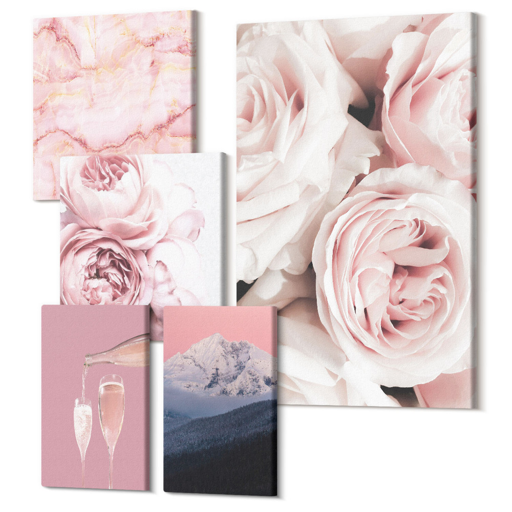 Sada obrazů na zeď pentaptych Růžové květy, elegantní akcenty a jemné vzory