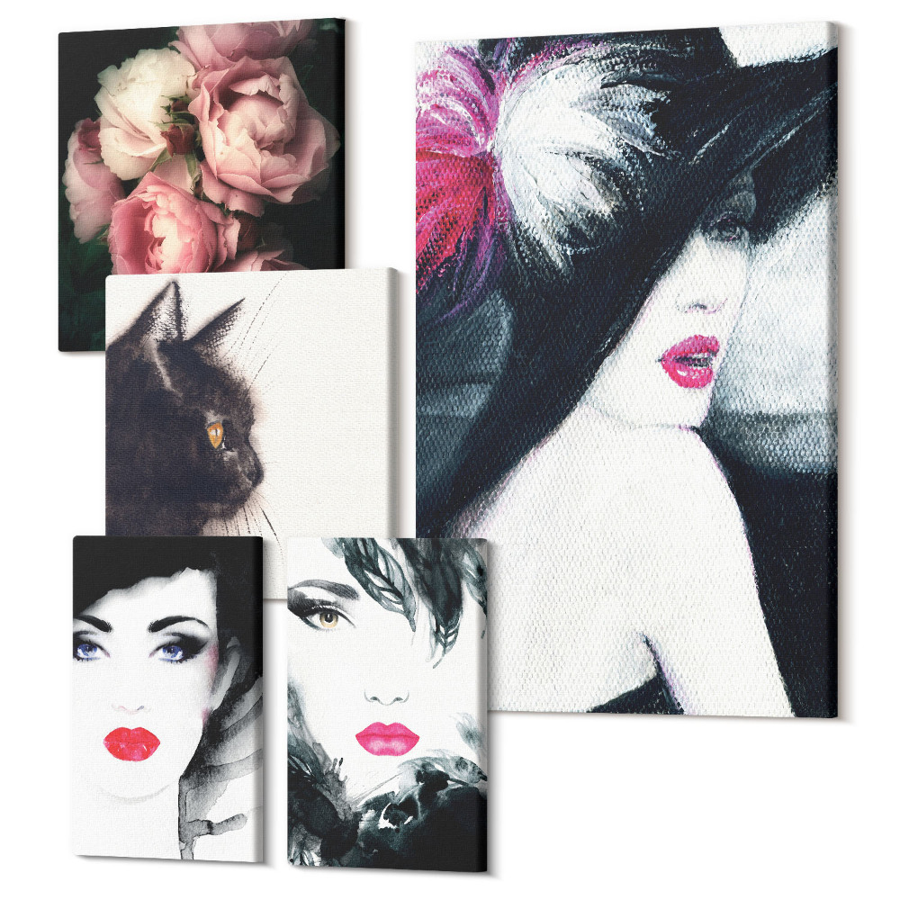 Sada obrazů na zeď pentaptych Stylové portréty žen s růžemi a kočkou