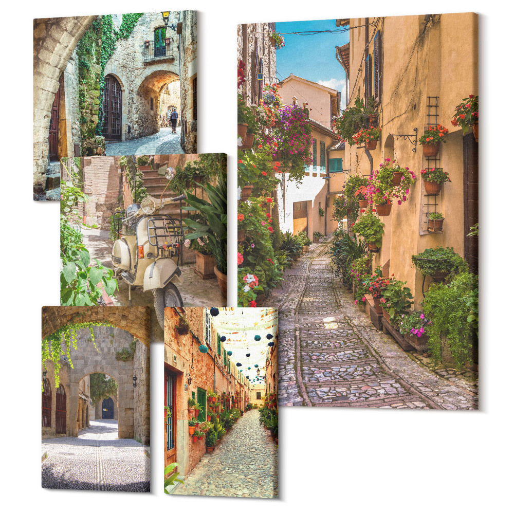 Sada 5 obrazů Okouzlující uličky s květinami v italském a středomořském stylu
