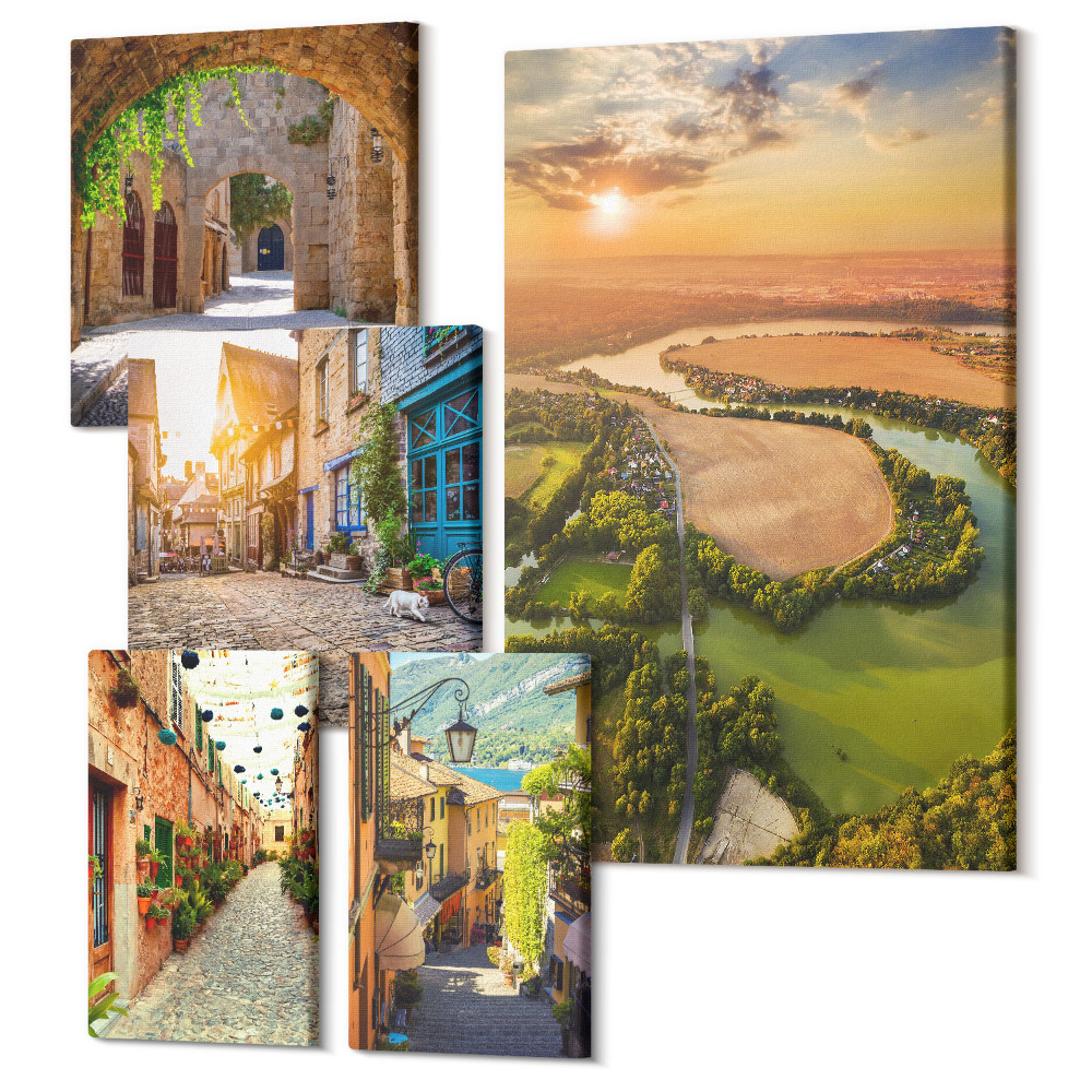 Sada obrazů na zeď pentaptych Okouzlující krajina malebných uliček a přírody