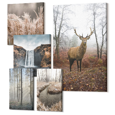 Sada obrazů pentaptych Přírodní divoké krajiny s lesními zvířaty