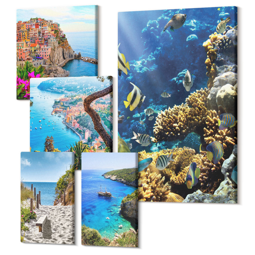 Sada 5 obrazů Přímořská krajina s barevnými rybami a plážemi