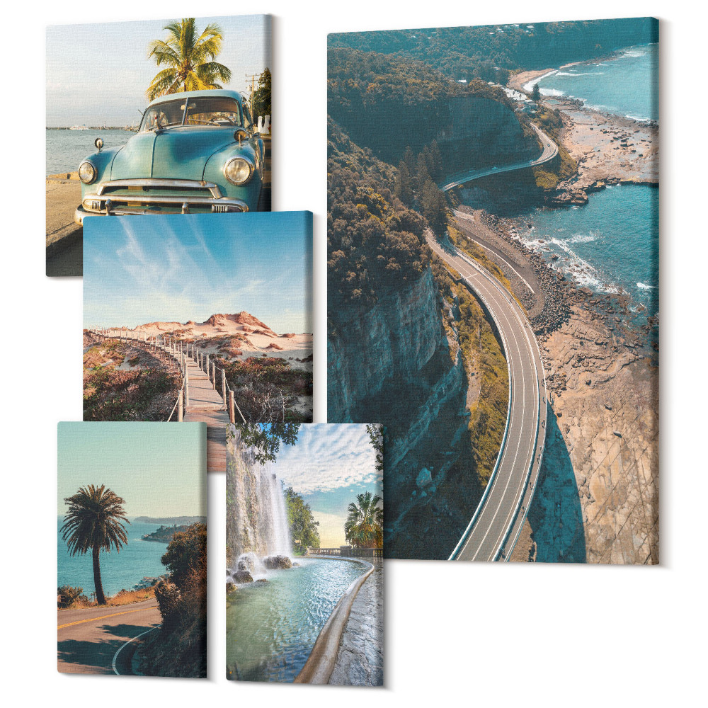 Sada obrazů na zeď pentaptych Cestujte krajinou s auty a přírodou