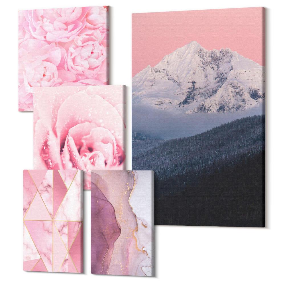 Sada obrazů na zeď pentaptych Růžové krajiny a květiny v moderním stylu
