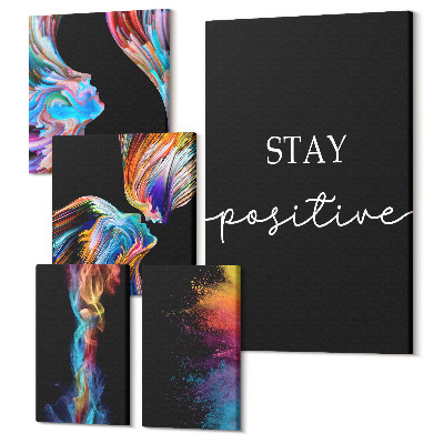 Sada 5 obrazů Barevné abstrakty s pozitivními slogany na černém pozadí