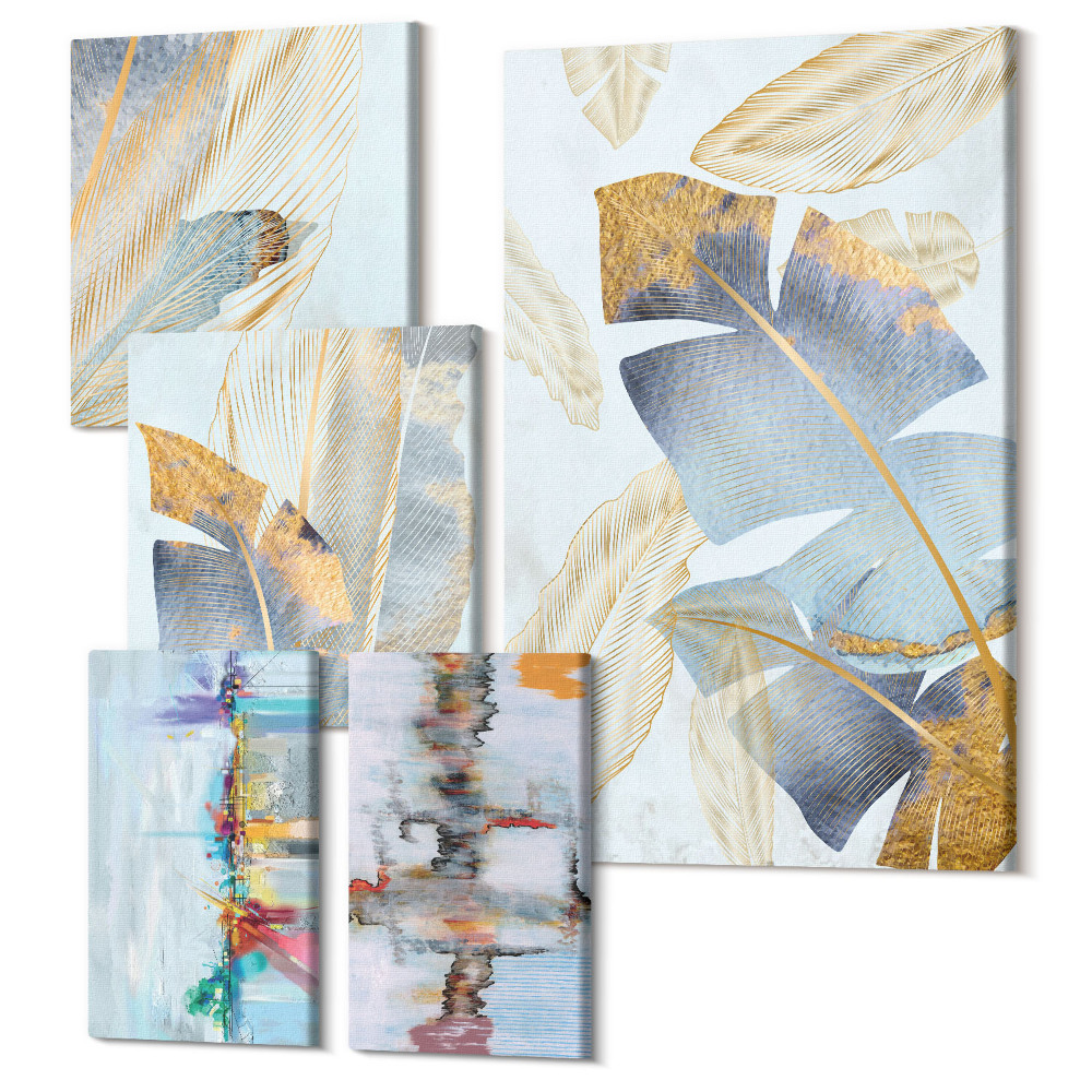 Sada obrazů na zeď pentaptych Rostlinné motivy s moderními uměleckými akcenty
