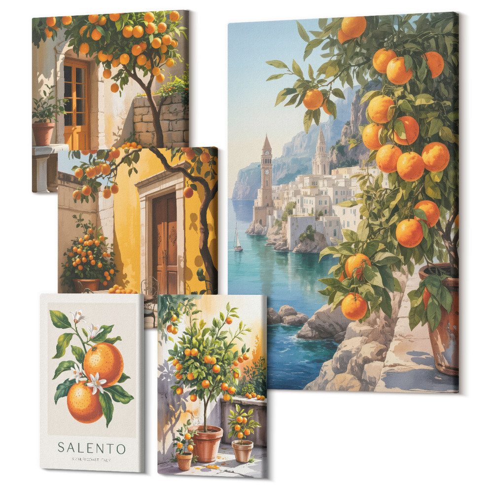 Sada obrazů na zeď pentaptych Atmosférický výhled s ovocnými akcenty na stěně