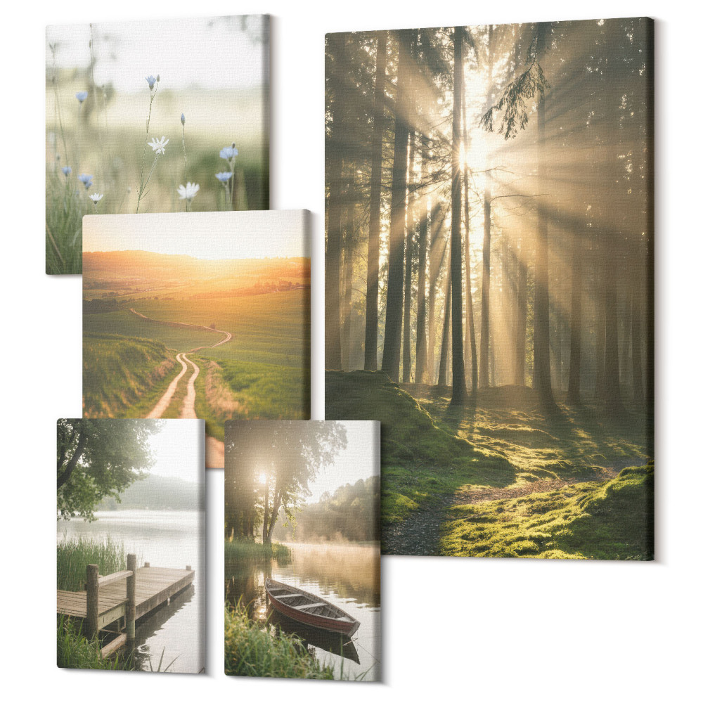Sada 5 obrazů Lesní krajina se slunečními paprsky a klidnými vodami