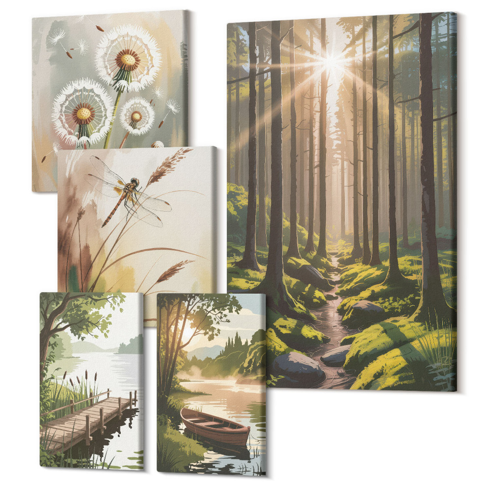 Sada obrazů pentaptych Lesní krajina s přírodou a klidem v pozadí