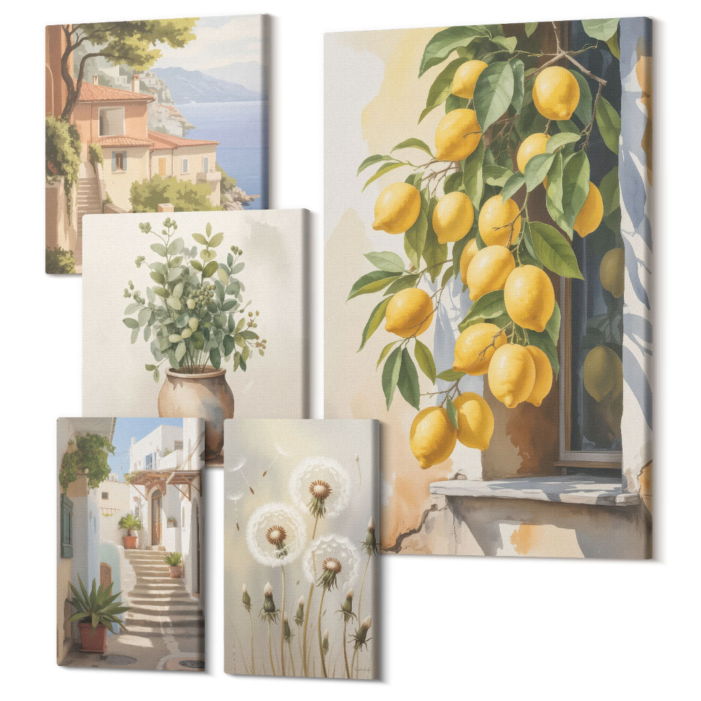 Sada 5 obrazů Citrusové akcenty a botanické motivy ve středomořském stylu