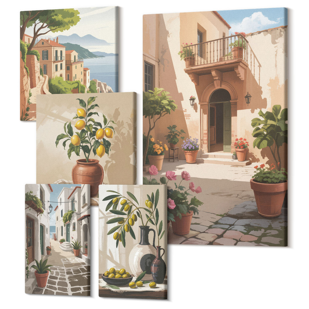 Sada obrazů pentaptych Útulné uličky a květinové akcenty ve středomořském stylu