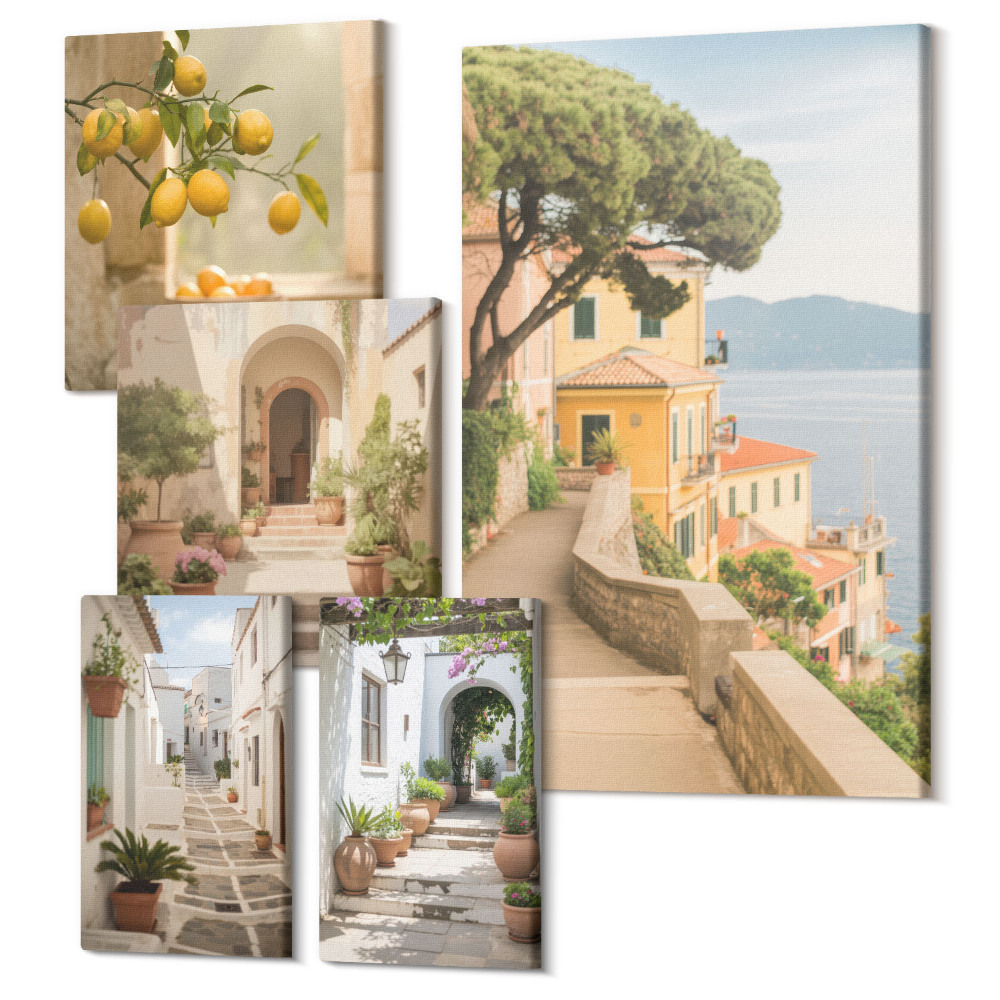 Sada obrazů pentaptych Okouzlující uličky a ovoce ve středomořském stylu