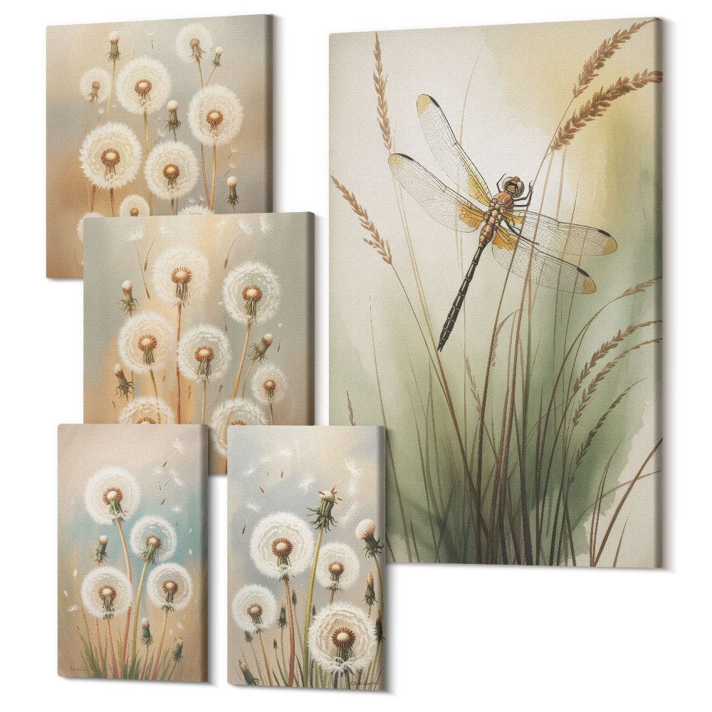 Sada obrazů pentaptych Rostlinné motivy s vážkami a pampelišky v přírodním stylu