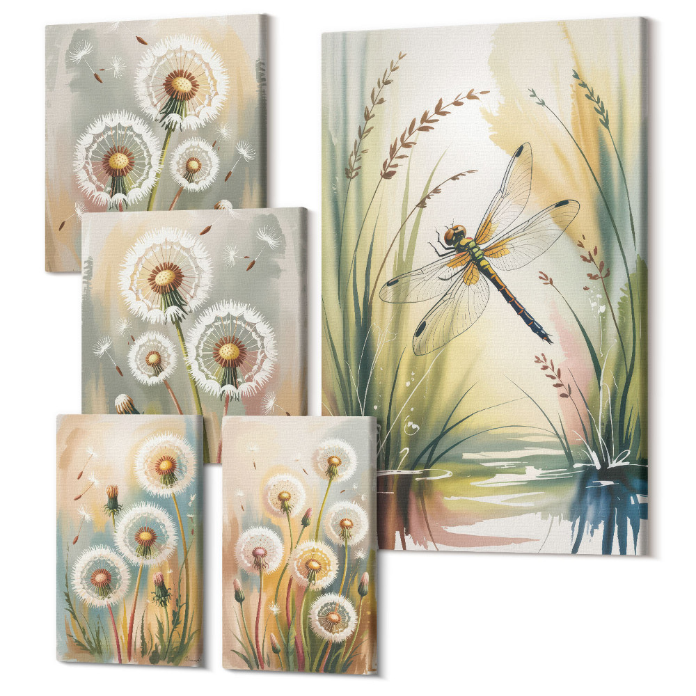 Sada obrazů na zeď pentaptych Květinové motivy s vážkami v jemném přírodním stylu