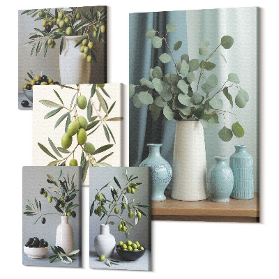 Sada 5 obrazů Zelené olivy ve vázách - stylové dekorace do kuchyně