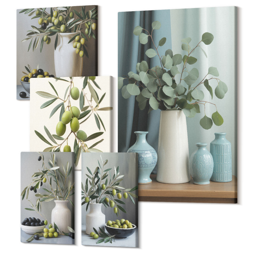 Sada obrazů pentaptych Zelené olivy a květiny ve skandinávském stylu