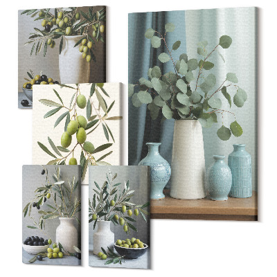 Sada obrazů pentaptych Zelené olivy a květiny ve skandinávském stylu