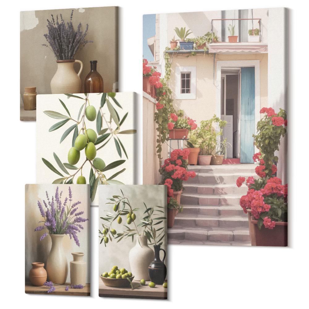 Sada 5 obrazů Stylové interiéry s květinami a ovocem v rustikální atmosféře