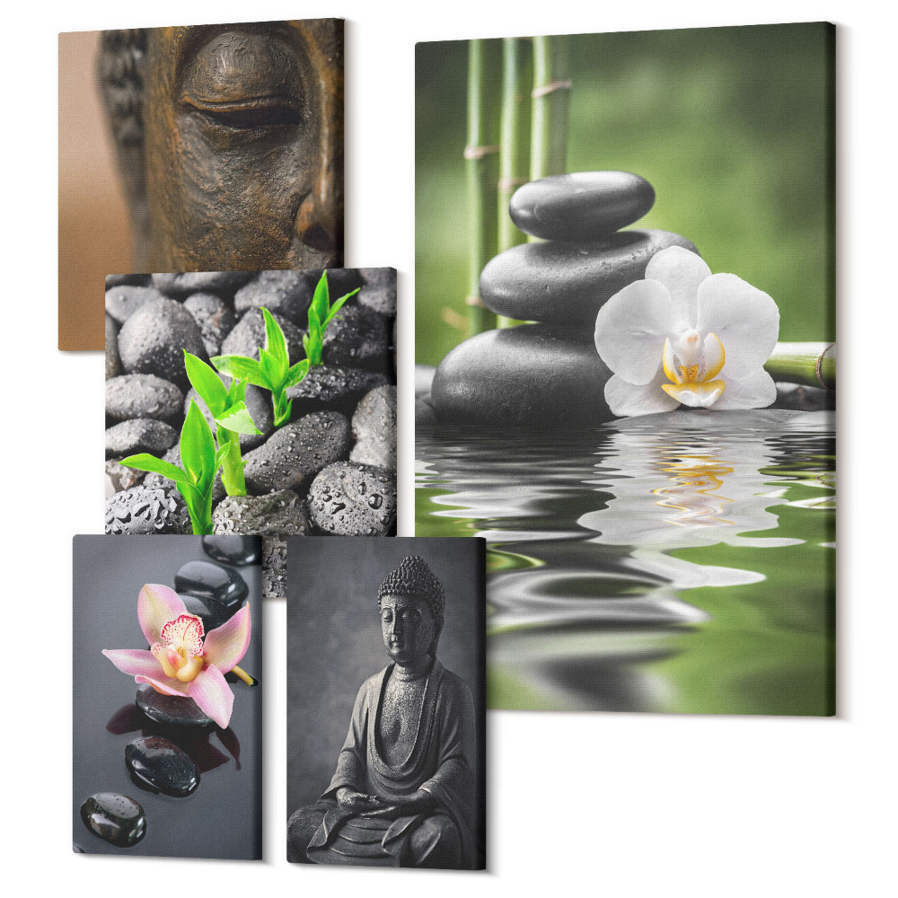 Sada obrazů pentaptych Relaxační zenová atmosféra s kameny a květinami