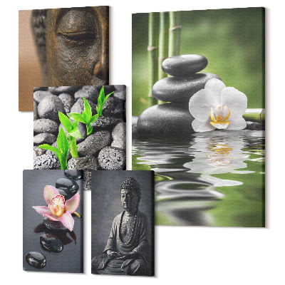 Sada obrazů pentaptych Relaxační zenová atmosféra s kameny a květinami