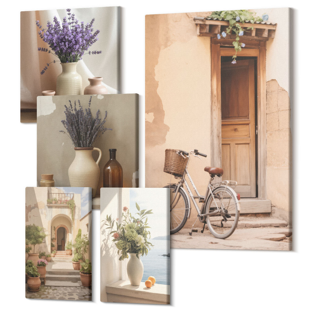 Sada obrazů na zeď pentaptych Stylové interiéry s květinovými motivy a jízdním kolem