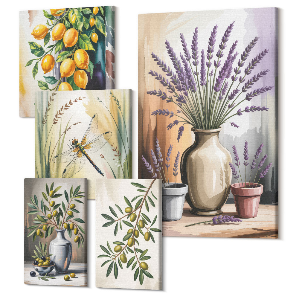 Sada 5 obrazů Květinové aranžmá s olivami a citrony v rustikálním stylu
