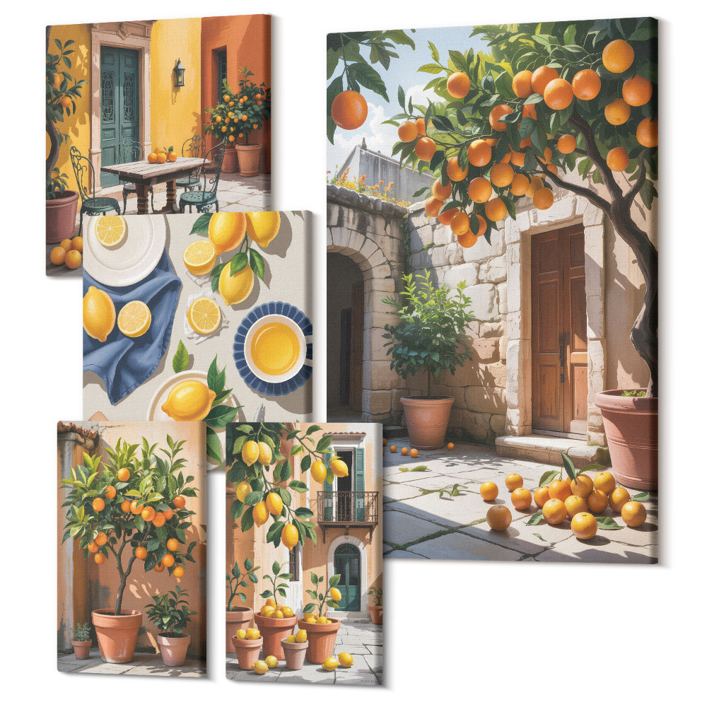Sada obrazů na zeď pentaptych Citrusové plody ve slunných zahradách a na terasách
