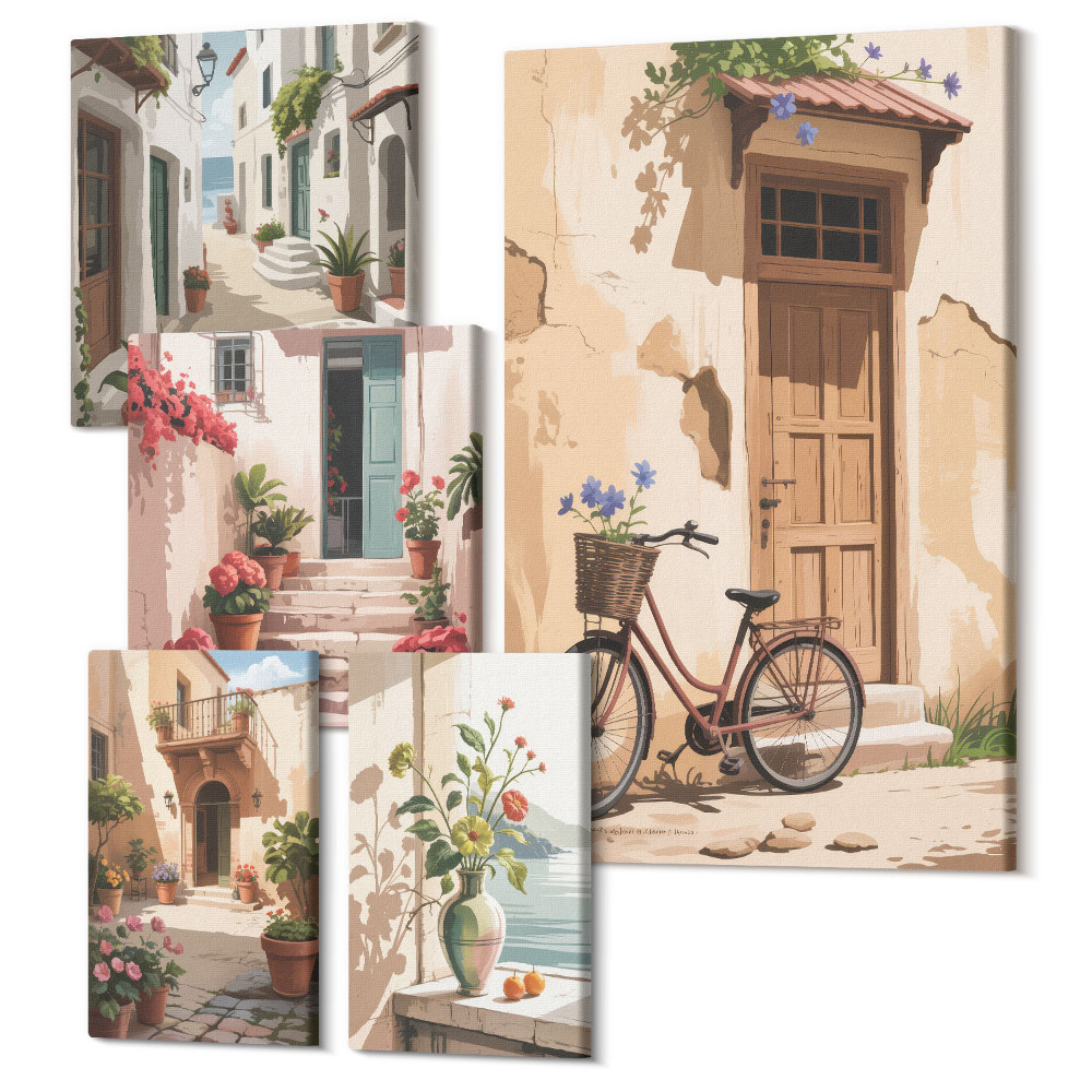 Sada 5 obrazů Okouzlující uličky s koly a hrnkovými květinami