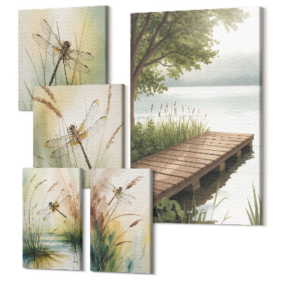 Sada 5 obrazů Poklidné krajiny s vážkami nad vodou a pobřežím