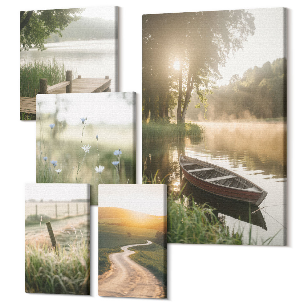 Sada obrazů pentaptych Klidné přírodní krajiny s vodou a zelení