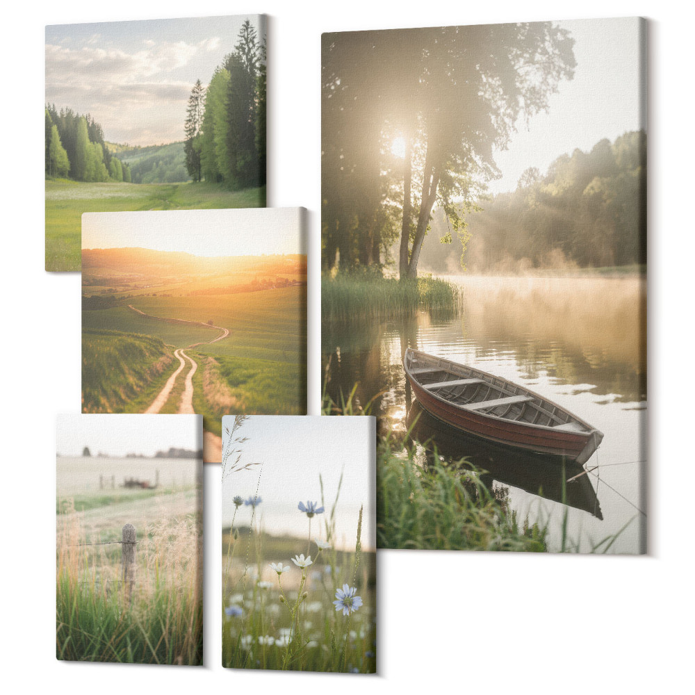 Sada obrazů na zeď pentaptych Klidné přírodní krajiny s vodou a zelení