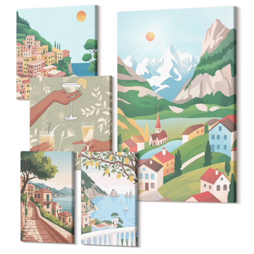 Sada obrazů na zeď pentaptych Okouzlující krajina a chvíle odpočinku pod širým nebem