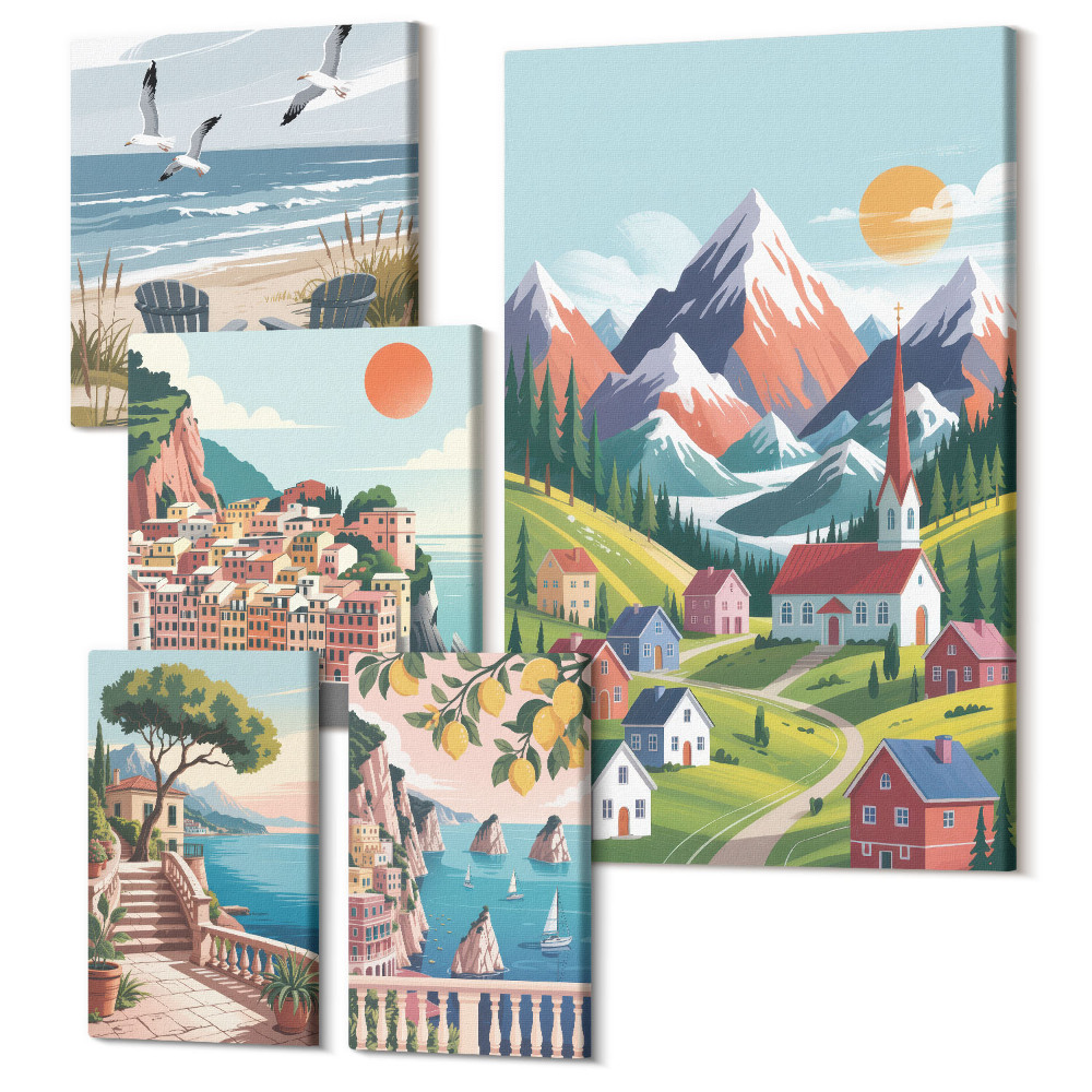 Sada 5 obrazů Horské a přímořské krajiny v retro stylu