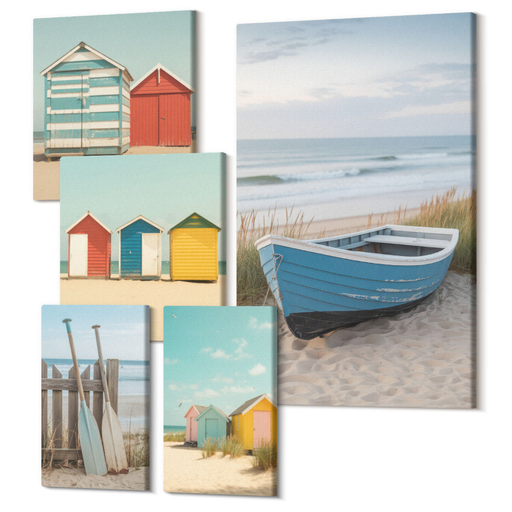 Sada obrazů pentaptych Výhled na moře, barevné domy a lodě na pláži