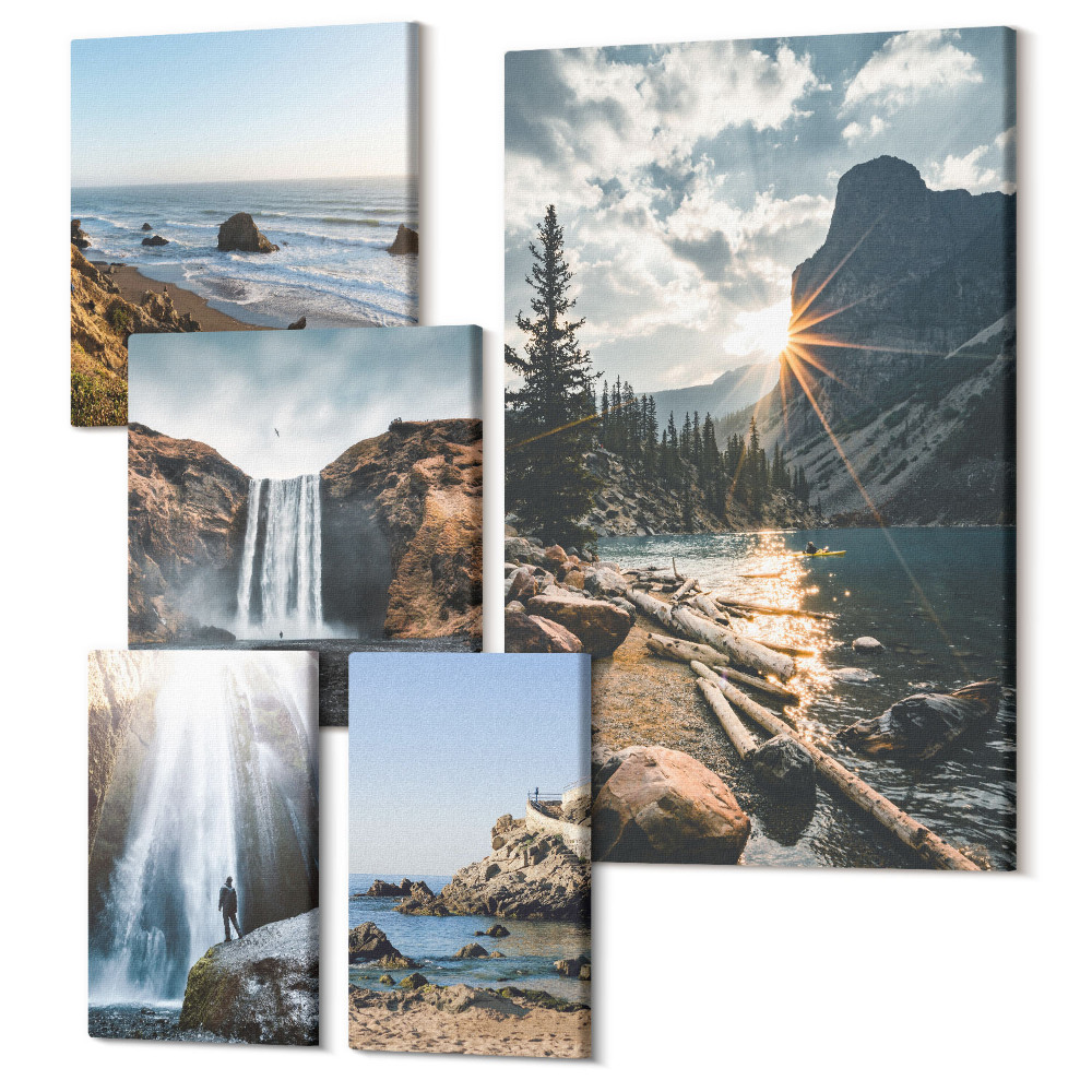 Sada obrazů pentaptych Přírodní krajina s vodopády a malebnými plážemi