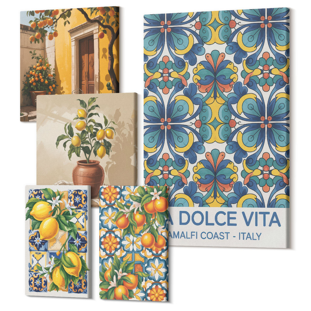 Sada obrazů pentaptych Italské citrusové motivy ve středomořském stylu