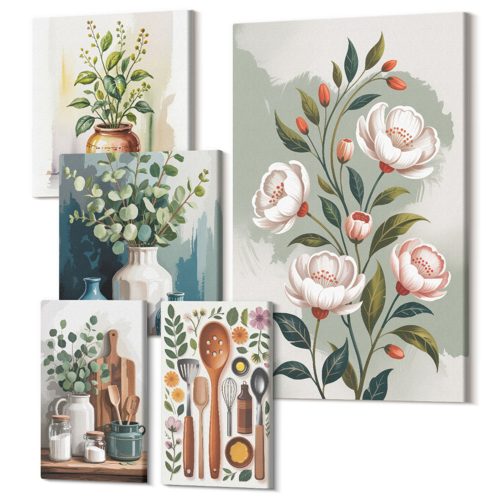 Sada 5 obrazů Stylové dekorace s rostlinnými motivy a doplňky do kuchyně